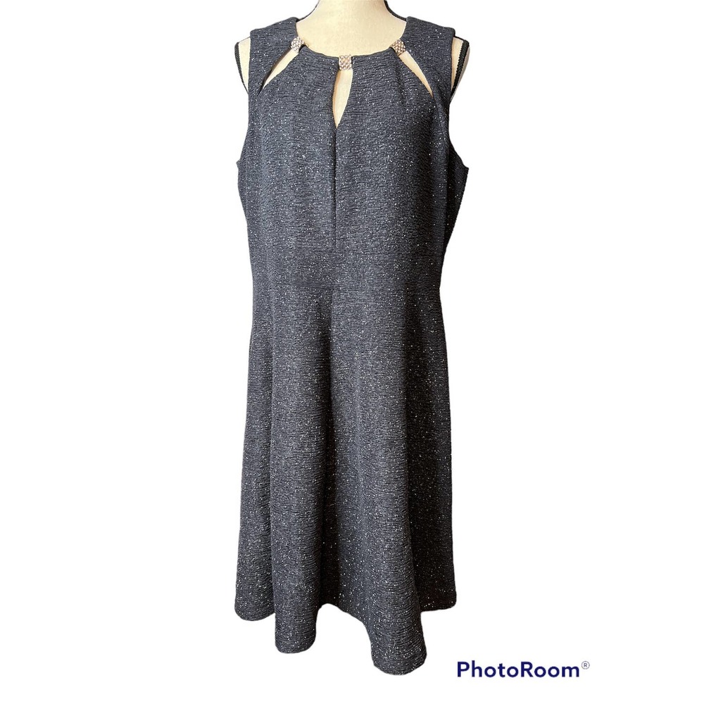 Eliza J Evening Midi Dress in Black w/Silver Sparkle Sleeveless Cutouts Size 14W